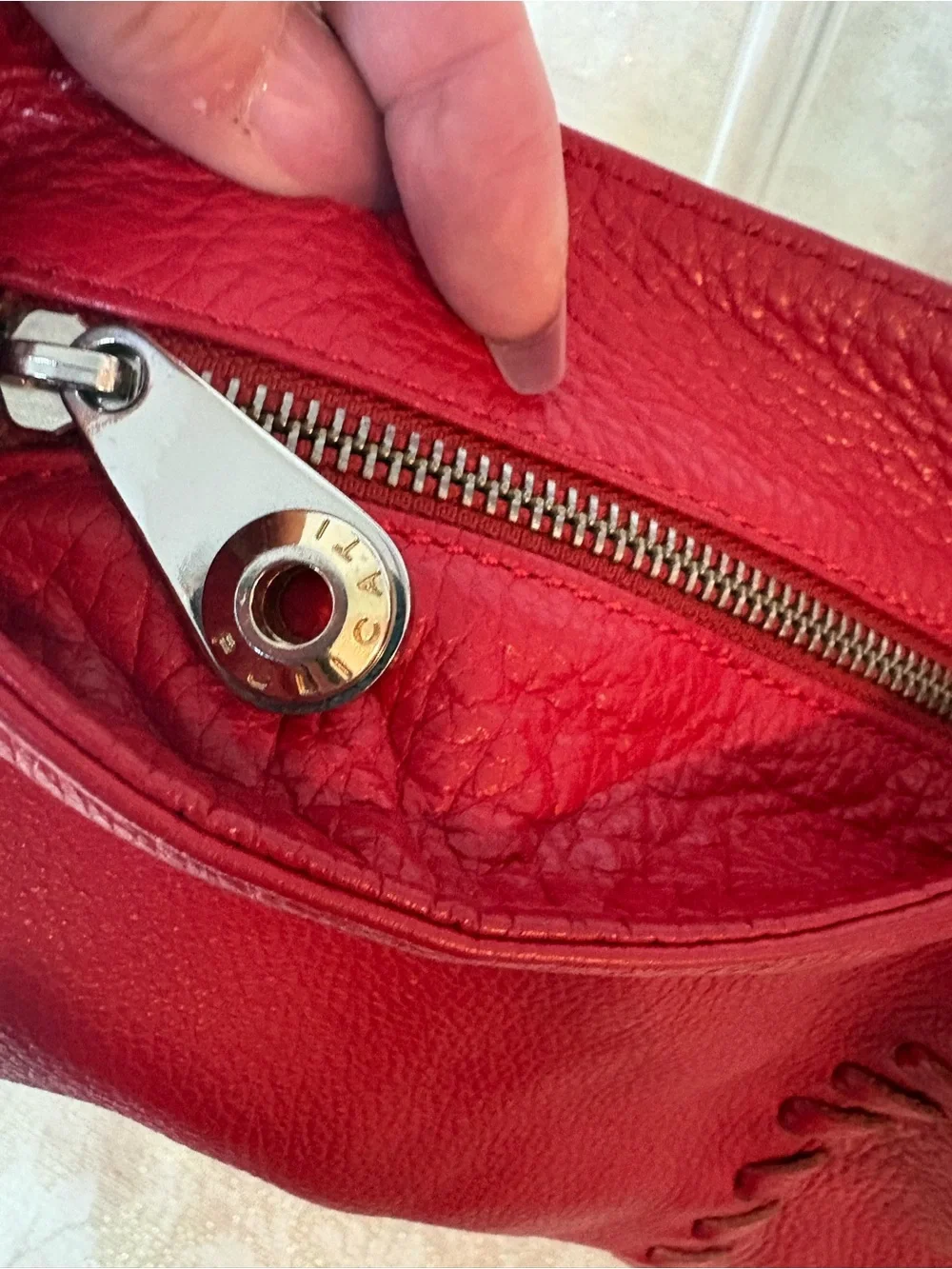Pulicati Red Leather Whipstitched Hobo Shoulder Bag